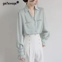 2022 Autumn Blouses Women Long Puff Sleeve Loose Tops Solid Lapel Pockets White Shirts Office Lady Korean Female Clothing Blusas