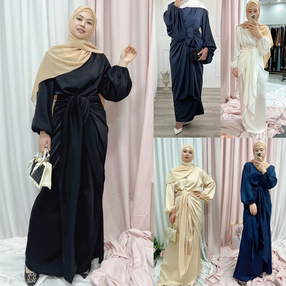 Women Arab Muslim Puff Long Sleeve Maxi Dress Solid Color Wrap Front Self-Tie Abaya Dubai Turkey Hijab Robe Kaftan Ramadan Eid