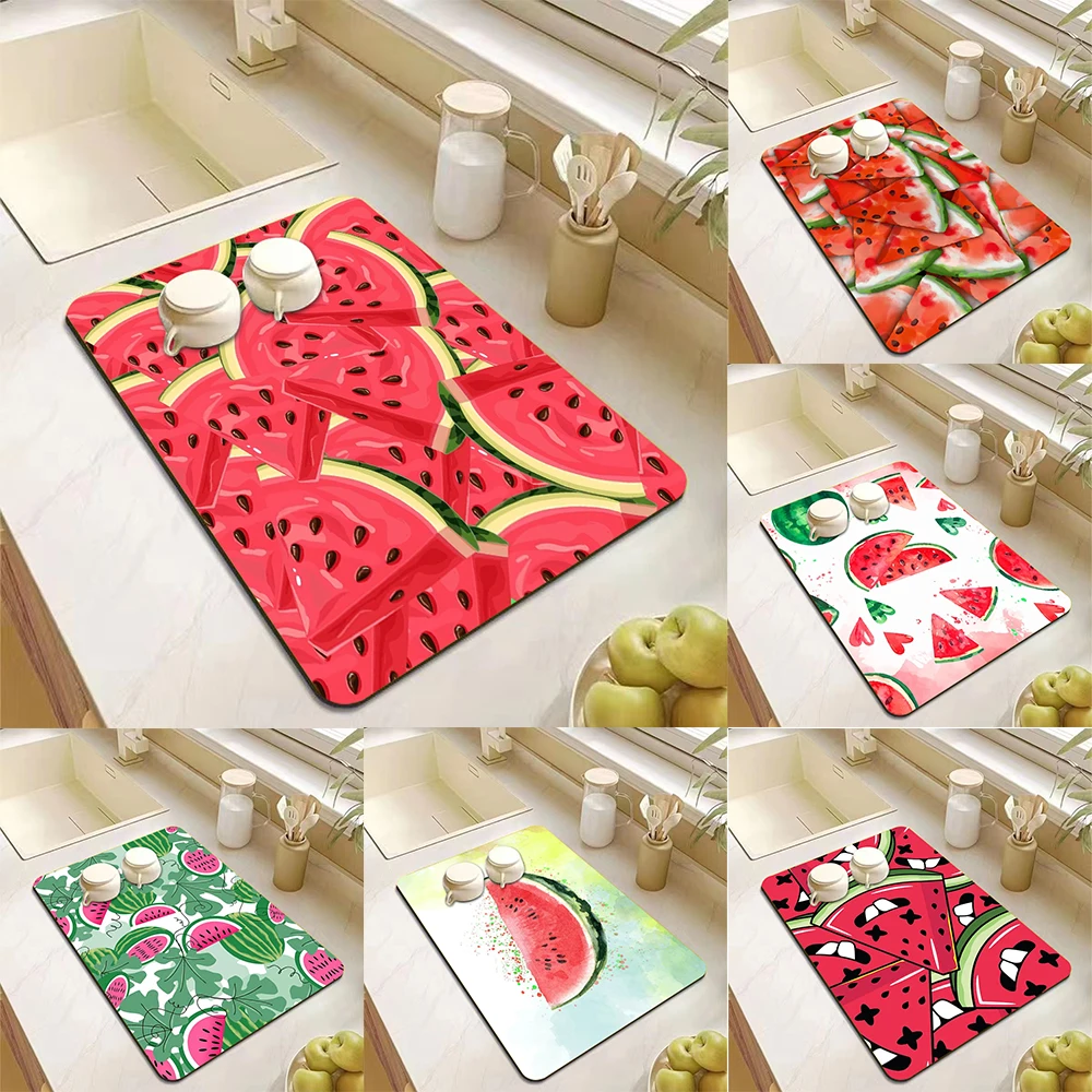 Watermelon Print Absorbent Kitchen Mat Drying Mat Quick Dry Drain Pad Tableware Mat Non-slip Dinnerware Coffee Placemat
