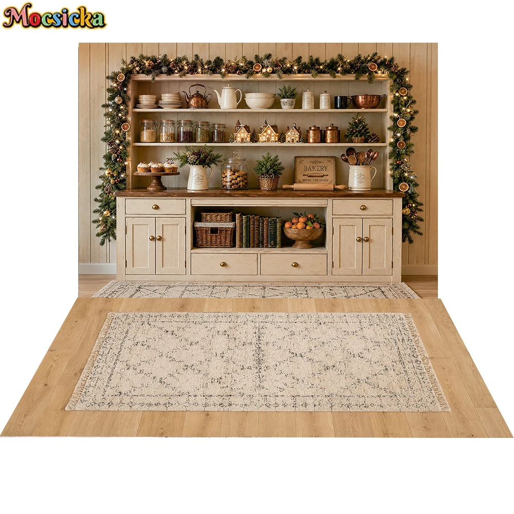 Mocsicka Christmas Photography Background Farm Kitchen Bakery Ornament Garland Wooden Floor Baby Children Xmas Party Studio Prop