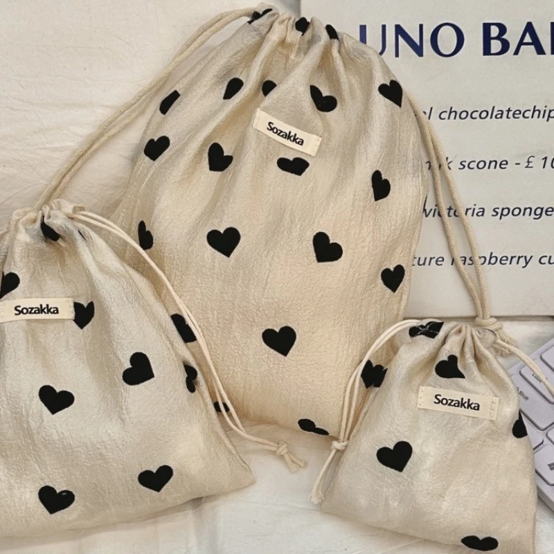 1pc Drawstring Pouch - Beige & Black Heart pattern Makeup Bag,Large Capacity Travel Organizer with Closure for Cosmetics