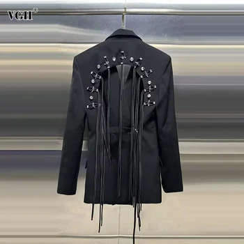 VGH minimalistyczny patchworkowy sznurek jednolita marynarka dla kobiet karbowany kołnierzyk z długim rękawem Backless Hollow Out marynarka w stylu kobiecym