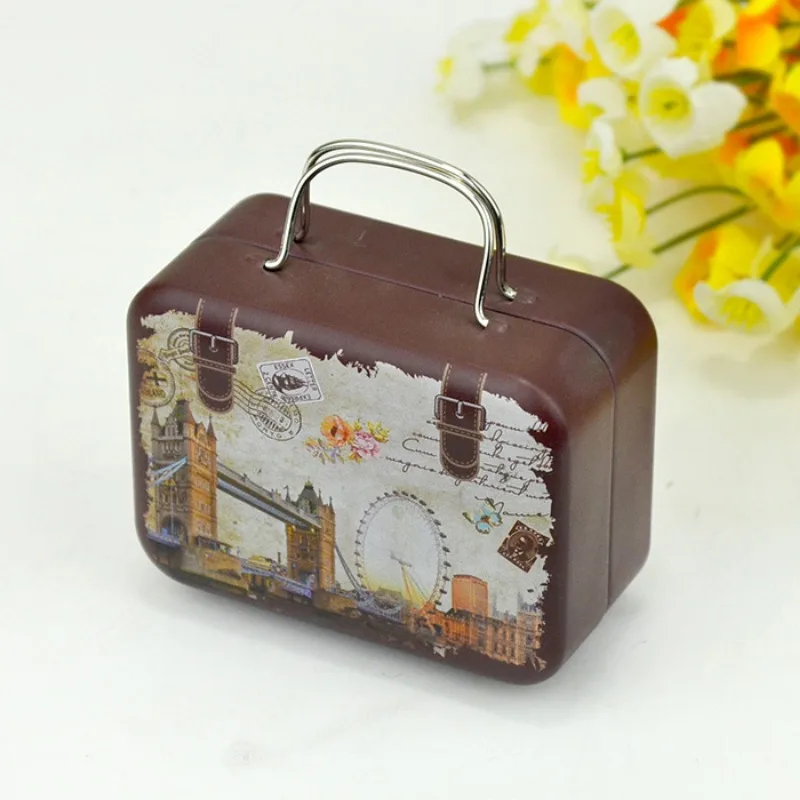 1PC Mini Suitcase Candy Boxes Small Tin Plate Gift Box Rectangular Coin Storage Container with Hinged Lids