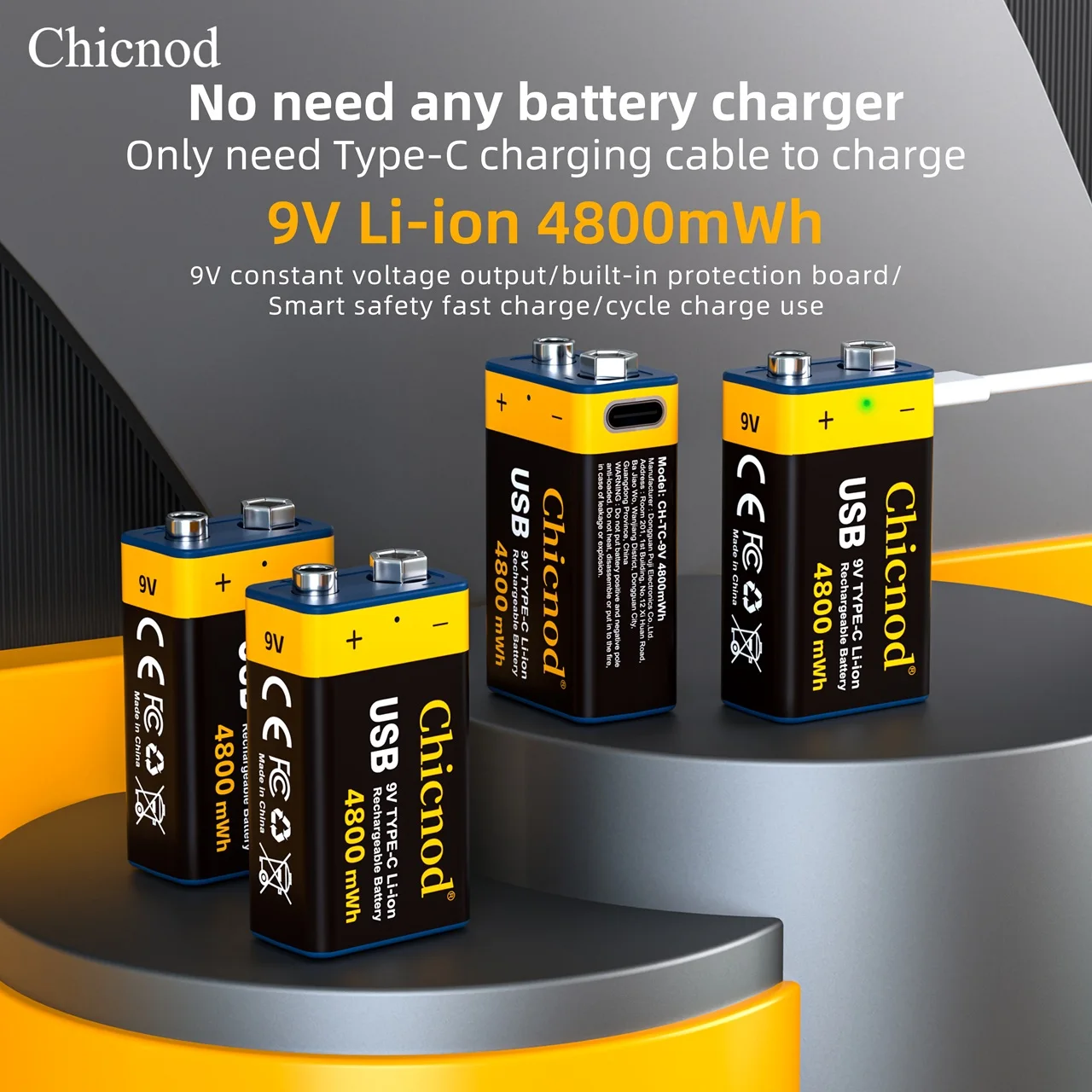 Chicnod 9V Rechargeable Lithium Battery 4800mWh USB Type C Li-ion Battery Built-in Charger for Guitar Pedal Multimeter