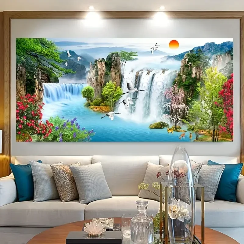 Multiple sizes 1pc frameless  Large size Canvas Painting, 1pcs Waterfall Sunset Landscape Canvas Painting, Lake Bird Posters And