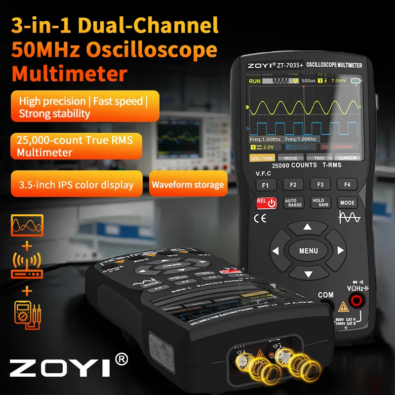 

ZOYI New 3-in-1 Scope Multimeter: 50MHz Bandwidth, Waveform Storage, Dual-Channel Scope/Signal Generator, Inverter Measurement