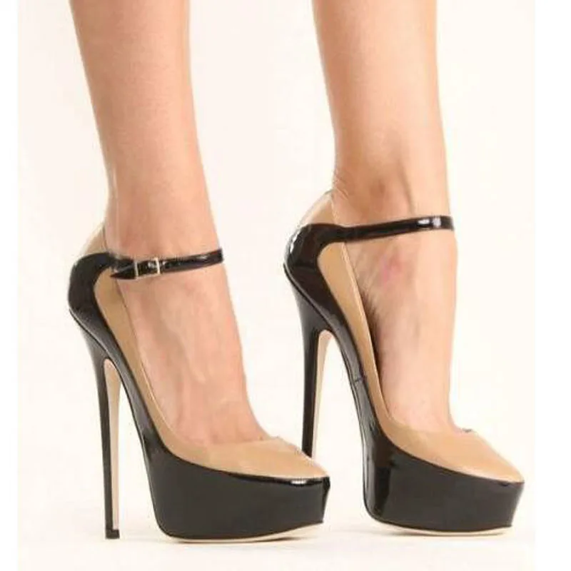 

Ladies Black Nude Patchwork Shiny Leather Ankle Buckle Strap Shallow Thin Heels Pumps Women Banquet Dress Shoes Plus Size 47
