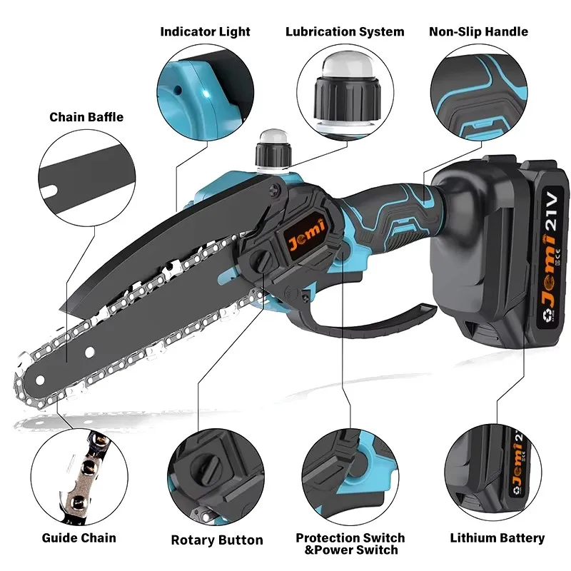 Jemi Tool 21V mini chainsaw, 6 inch electric chainsaw with automatic lubrication system for garden, yard