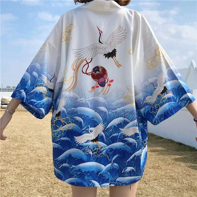 Vintage Japanese Style Flame Phoenix Kimono Haori Loose Open Front Streetwear Tops Summer Casual Harajuku Style Coat