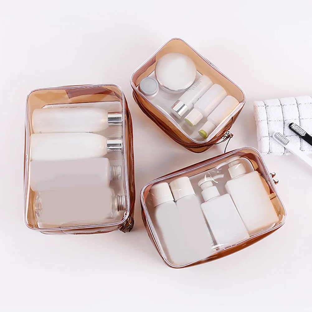 

3-Piece Makeup Bag Set Large Capacity Transparent PVC Blue Travel Zippered Storage Pouches Cosmetics Organizer