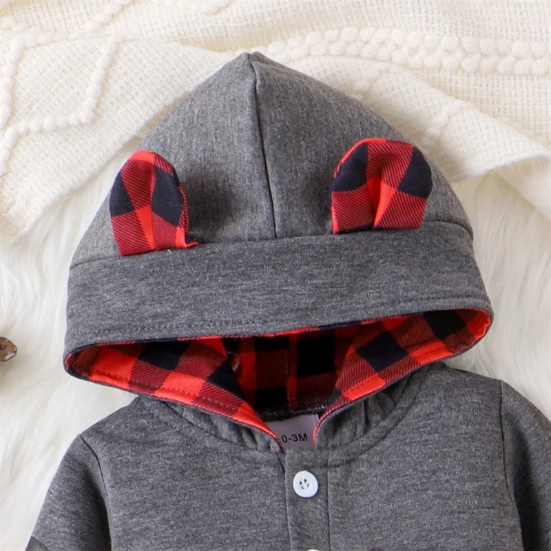 

Baby Boy Sweatshirt Romper Cute Plaid Print Long Sleeve Hoodie Jumpsuit for Infant Toddler Fall Outfit