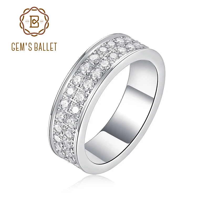 GEM'S BALLET 6.0CT Round Two Row Moissanite Wedding Band Ring 925 Sterling Silver Full Eternity Band Handmade Micro French Paves