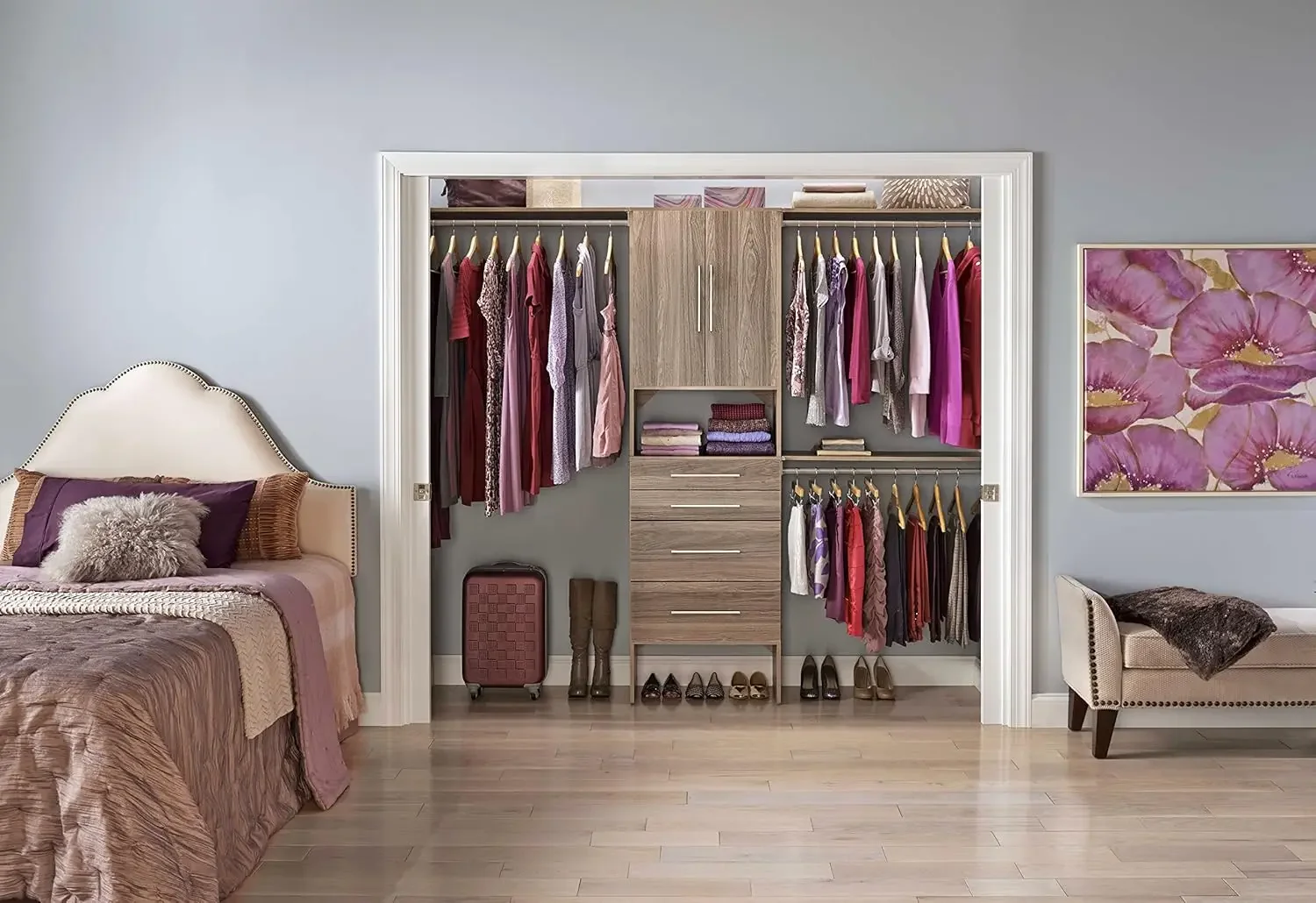 SuiteSymphony Wood Closet Organizer Kit with Tower, 3 Hang Rods, Top Shelves, 4 Drawers, Doors, Adjustable, Fits Spaces 6 - 10 f