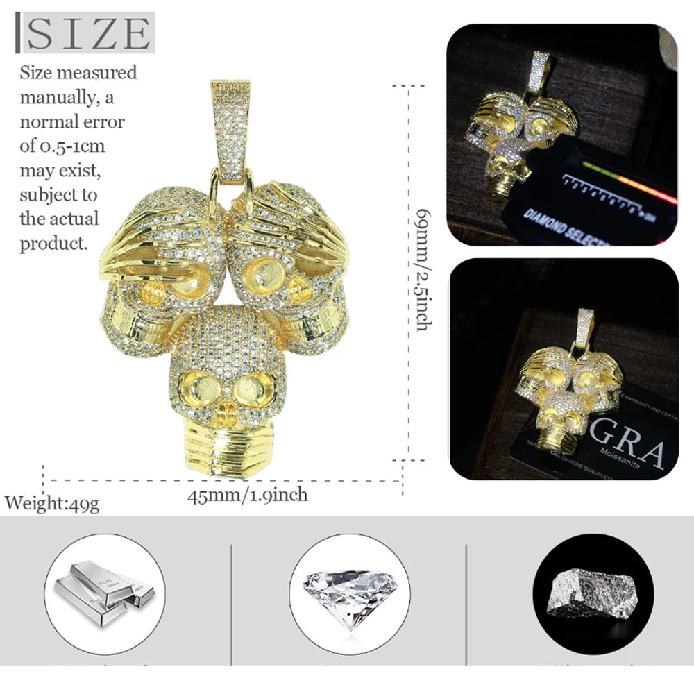 3D Iced Out Three Creative Skull Pendant Micro Pave Cubic Zirconia 18K Gold Plated Hip Hop Necklace Bling Skull Charm Streetwear Rapper Jewelry Shiny Icy Statement Accessory Trendy Club Fashion Wear Accessory Fine Jewelry Gifts for Rapper Men Boy Friends