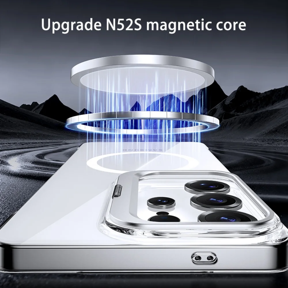Smukłe, bezramkowe, przezroczyste etui magnetyczne z obsługą MagSafe do Samsunga S26 Ultra, S26+, Galaxy S25 Ultra, S24 FE, składane etui z podstawką na aparat i ochroną tyłu. — zdjęcie produktu 4