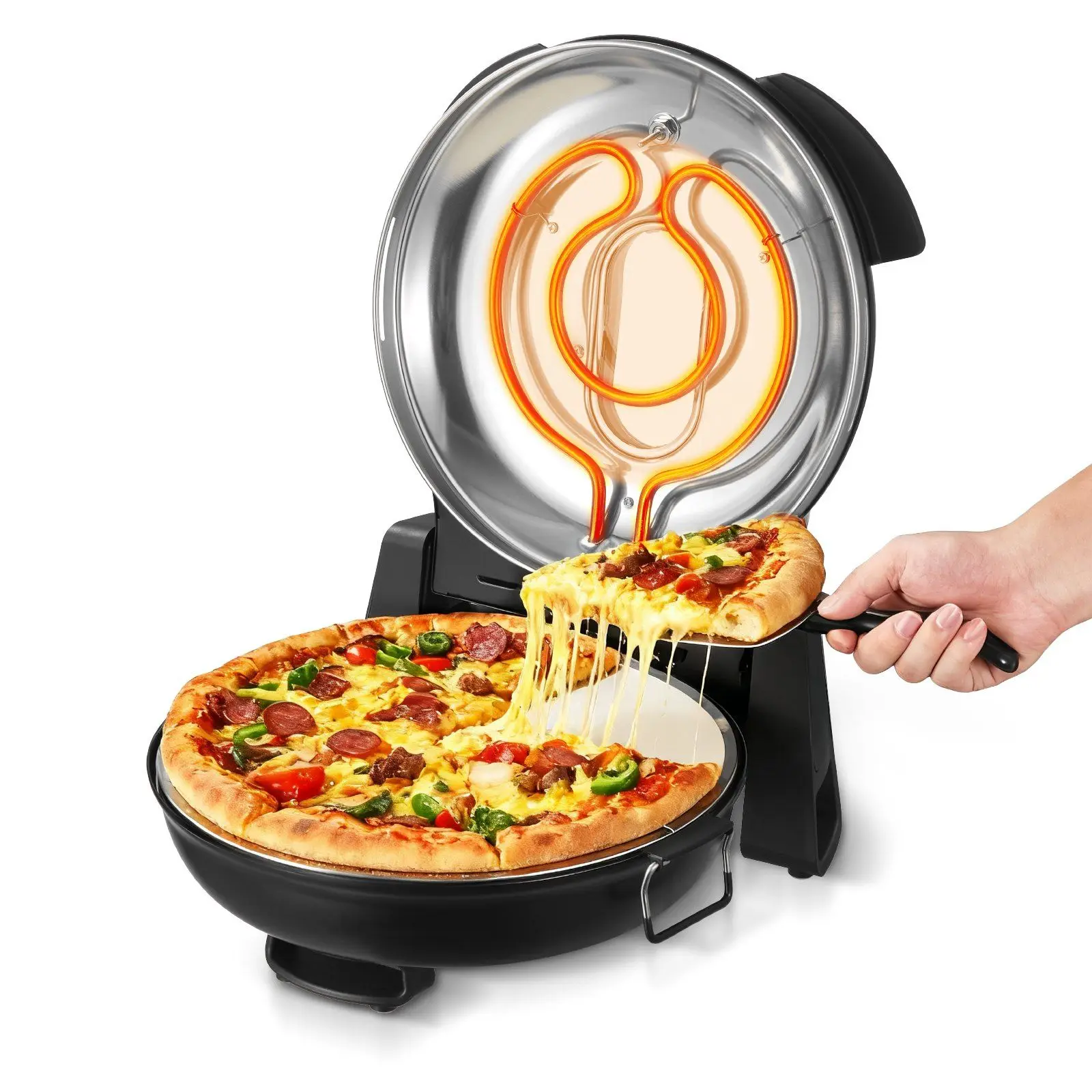 

Pizza Oven, 12 in Electric Pizza Maker, 1200W Electric Pizzas Cooker with Cordierite Stone, 5-Mode Temperature Control, Viewing