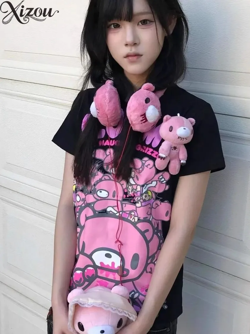 Summer Girl's Tops Japanese Style Subculture Cute Bear Graffiti Tshirt Print Sweet & Cool Short-sleeve T-shirt Kawaii Clothes