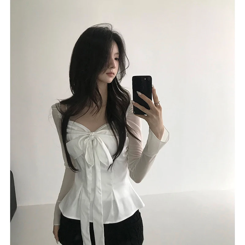 

MEXZT Elegant Cropped White Shirts Women Vintage Black Bow Bandage Blouses Korean Square Collar Long Sleeve Slim Design Tops New