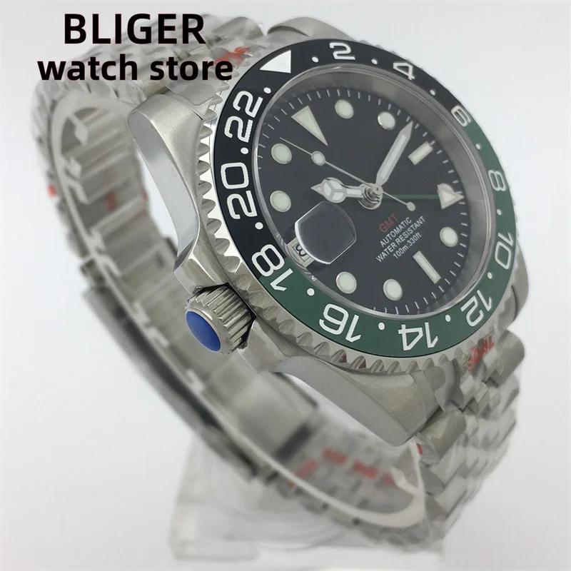 BLIGER Left hand 40mm NH34A Men\'s Automatic Mechanical watch stainless steel strap case sapphire glass 9 o \'clock crown date