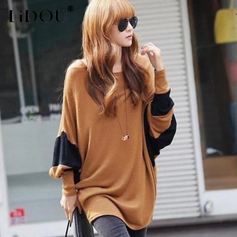 

Autumn Winter New Y2K Fashion Patchwork Batwing T-shirts Women Oversized Casual Harajuku Long Sleeve Top Female Vintage Clothes