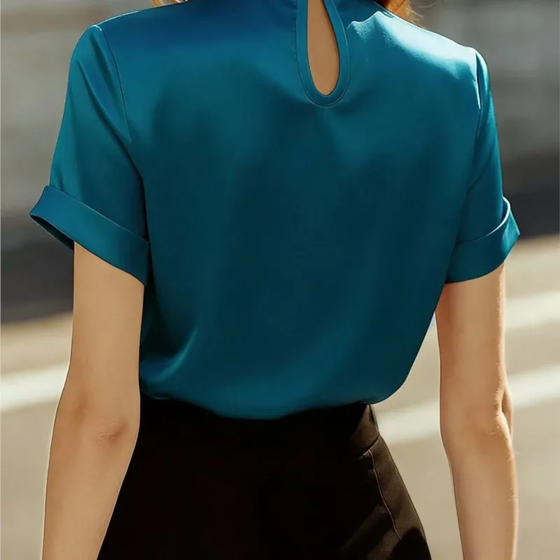 2026 Women's Pullover Boho Blouses Summer New Fashion Pearl-embellished Cutout Short-sleeve Satin Top Shirt Women Office Clothes view 3