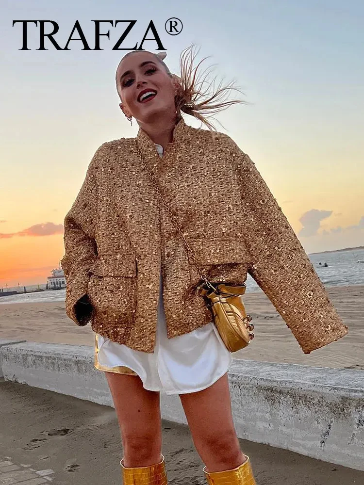 TRAFZA Women Fashion Gold Sequin Coat Casual Loose Stand Collar Long Sleeve Jacket Y2k Vintage Autumn Female High Street Outwear