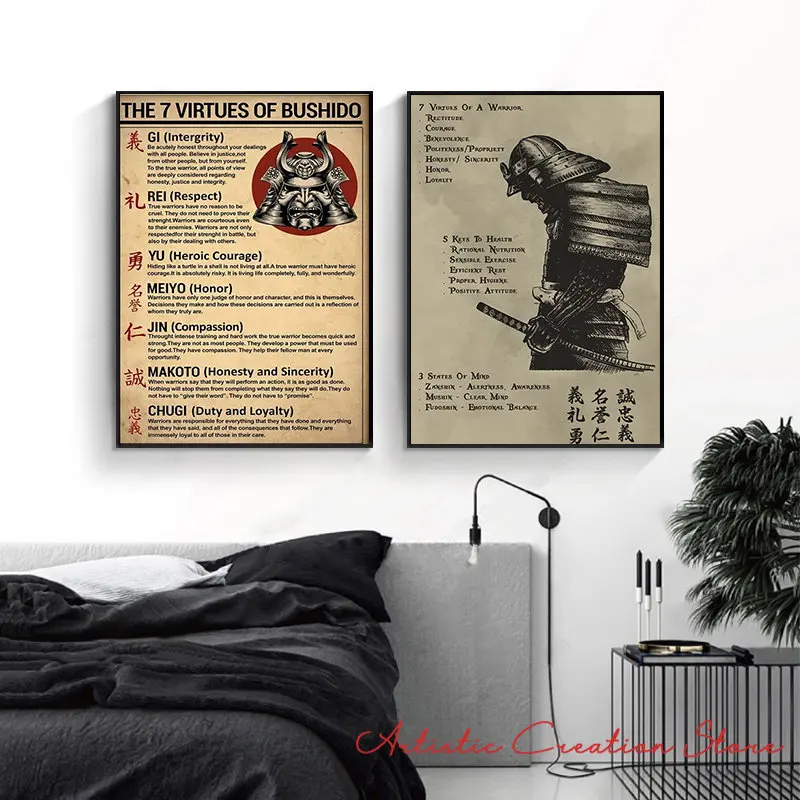 Japanese Samurai  7 Virtues of Bushido Quotes Japan Kanji Samurai Wall Art Canvas Poster Print Picture Living Room Home Decor