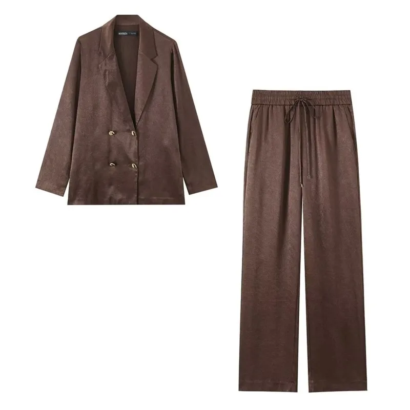 Women's High Waist Chic Suit Spring 2 Piece Long Sleeve Double-Breasted Blazer Wrinkled Effect Fluid Trousers Set Women Outfit