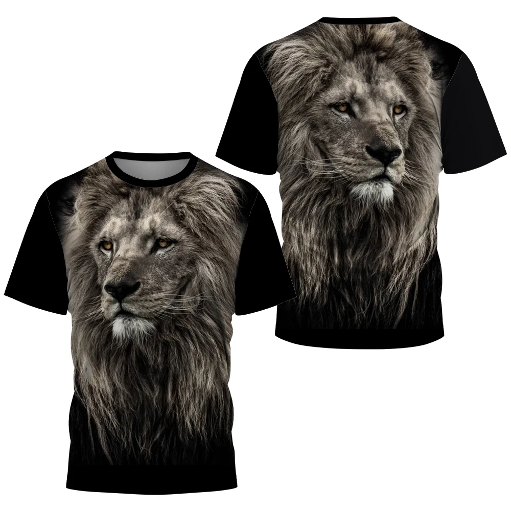 Vintage Męska koszulka z nadrukiem 3D Lion Pattern Summer Loose Plus Size Krótki rękaw Street Okrągły dekolt Wygodne męskie topy