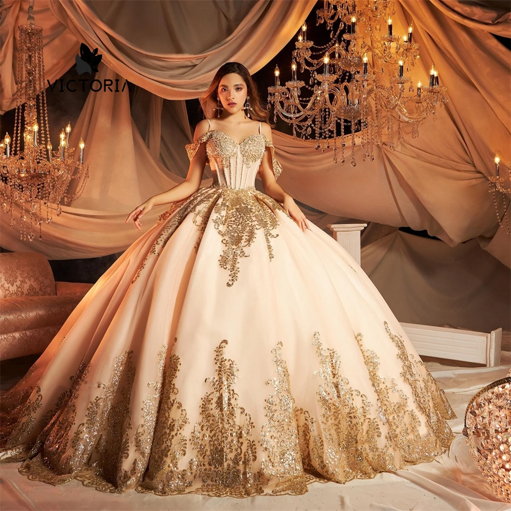 Wow Gold Sequined Lace Applique Champagne Off The Shoulder Quinceanera Dress Ball Gown Sweet 15 16 Dress Mexican Wedding Gown