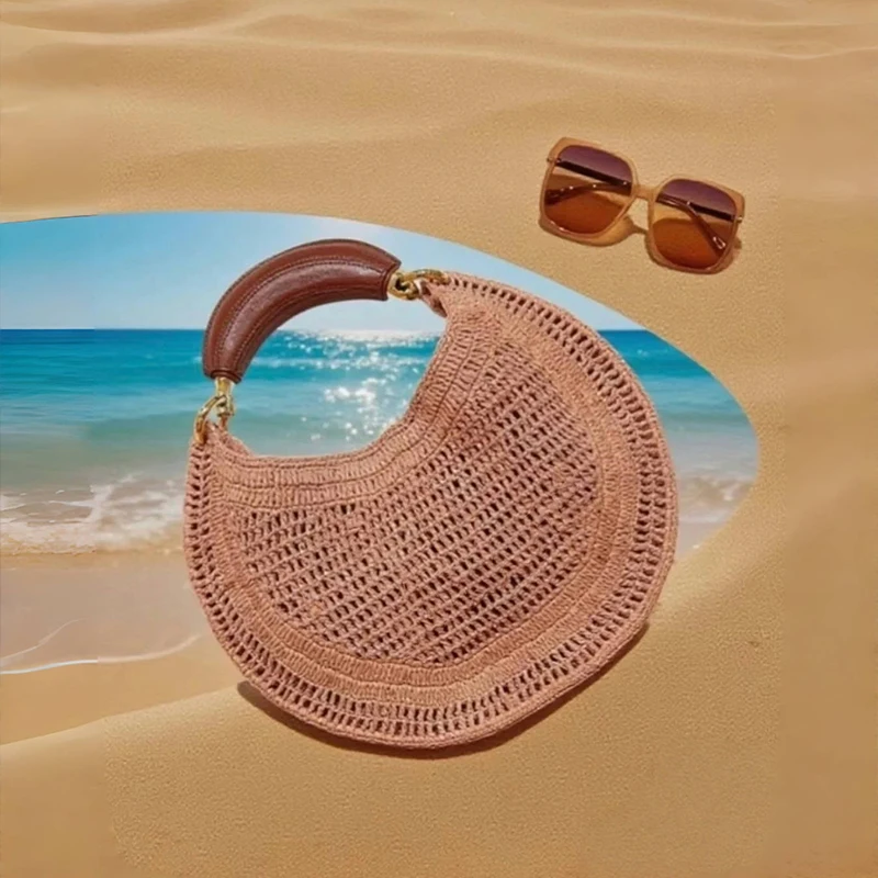

Boho Chic Raffia Crescent Bag For Women Handmade Woven Straw Hobo Purse With Leather Handle Elegant Clutch Underarm Shoulder Bag