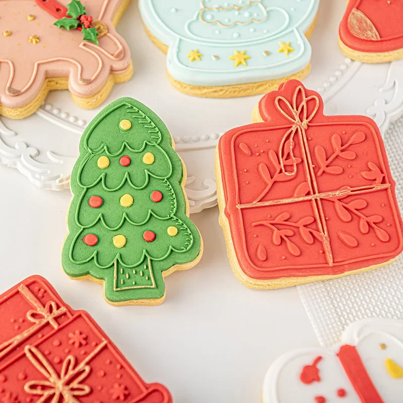 2pcs/set Christmas Cake Cookie Press Stamp Mold New Year Biscuit Embosser Mold Acrylic Xmas Tree Fondant Sugar Cake Baking Tools