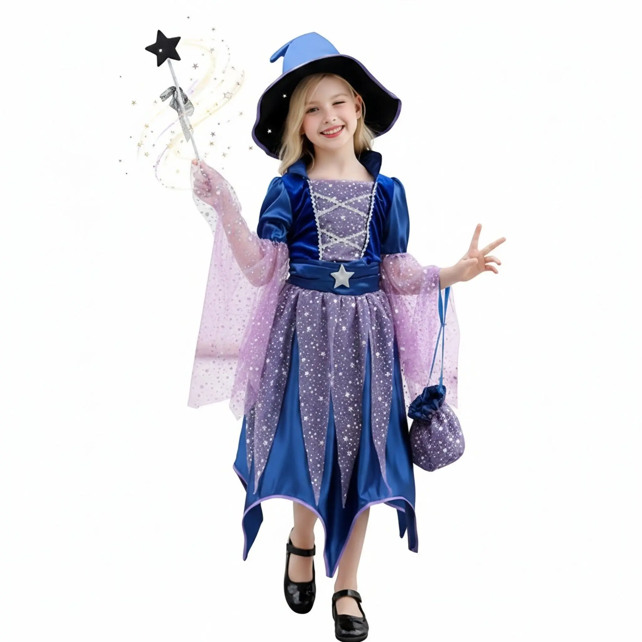 Halloween Cosplay Party Mädchenkostüme Hexenkleid 4-teiliges Set mit Tasche, Hut und Zauberstab Kinder Karnevalskostüm Vestidos Party Cosplay Kleid – Detail 4