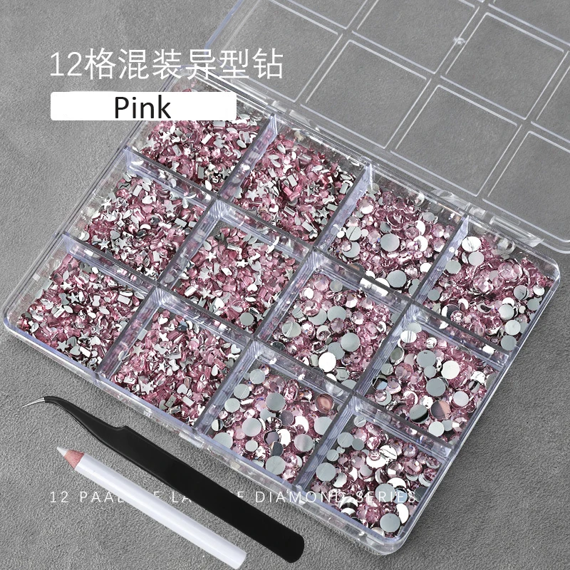 Kit de 12 rejillas de resina mixta para uñas, diamantes de imitación de cristal con parte posterior plana, joyas para uñas con recogedor de lápiz, pinzas, manualidades de manicura