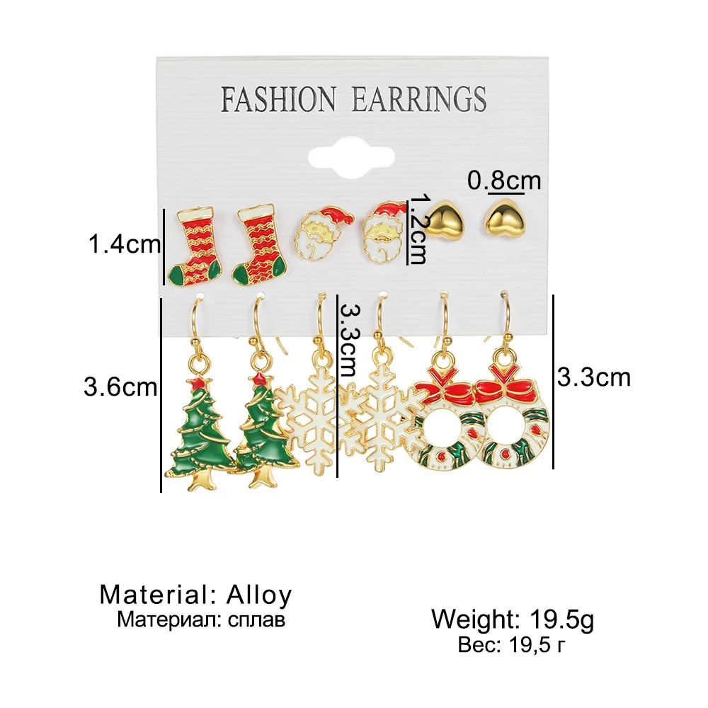 FTCY 6pcs Women\'s Christmas Stud Earring Set Elk Christmas Tree Snowman Moon Decoration Hoop Earrings  Pierced Ear Jewelry Gift