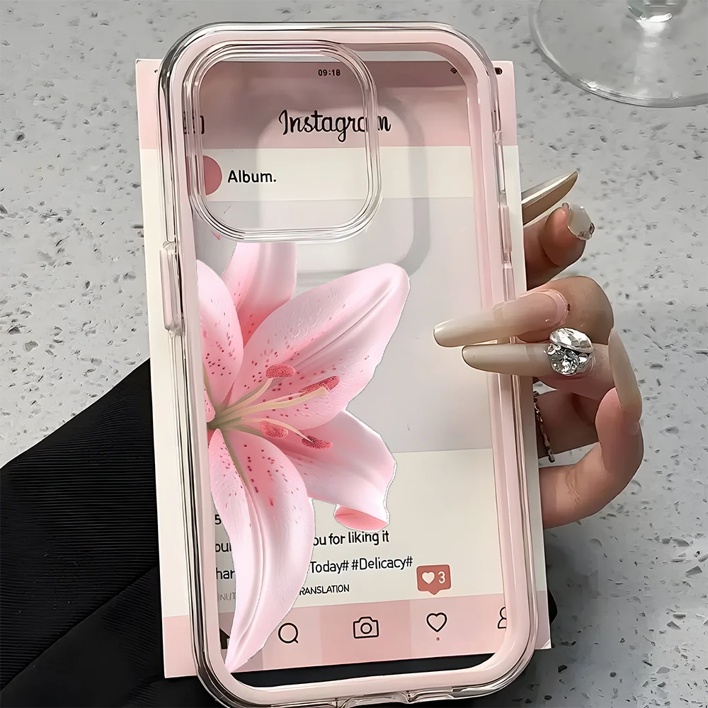 Romantic Pink Lily Pattern 2in1 Clear Case For Samsung Galaxy S26 Ultra S25 S23 FE S24 S22Plus A57 A37 A54 A55 A36 A35 A16 Cover