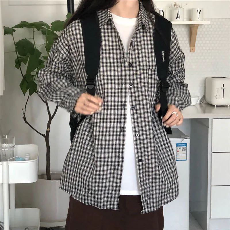 Xpqbb Plaid Blouse for Women Harajuku Loose Long Sleeve Oversized Student Shirts Woman Vintage All-Match Button Gingham Shirt