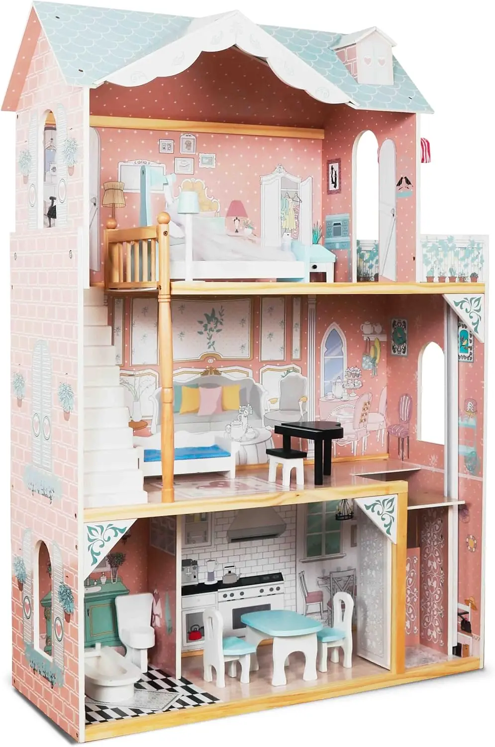 Wooden Dollhouse, X-Large 3-Story, Elevator & Balcony, Blue | Immersive role-play for dolls and figurines up to 12in - builds em