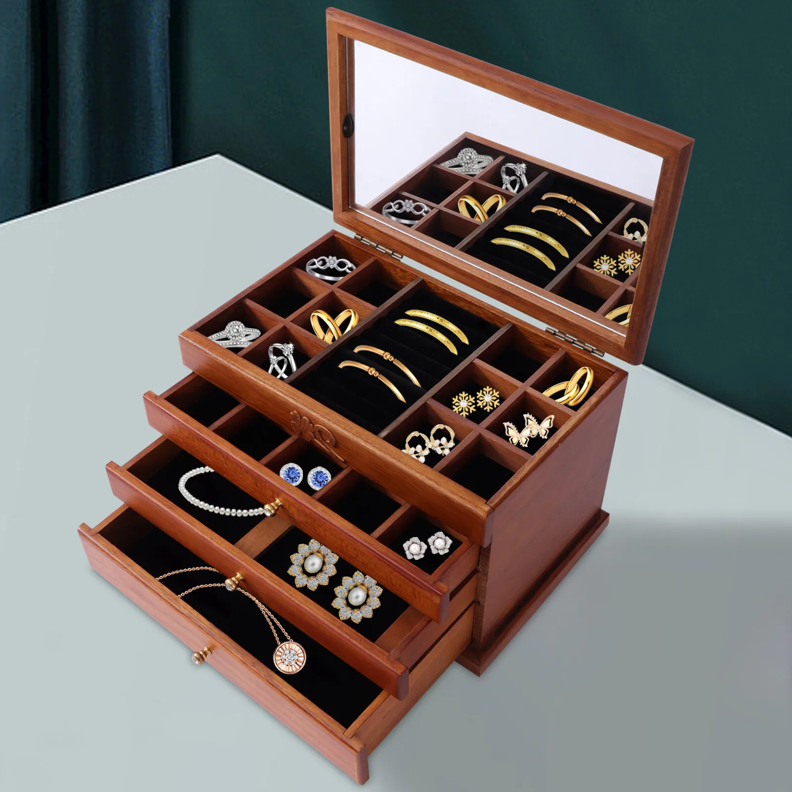 

Wooden Jewelry Box Jewelry Storage Ring Earrings Organizer Case with Drawer