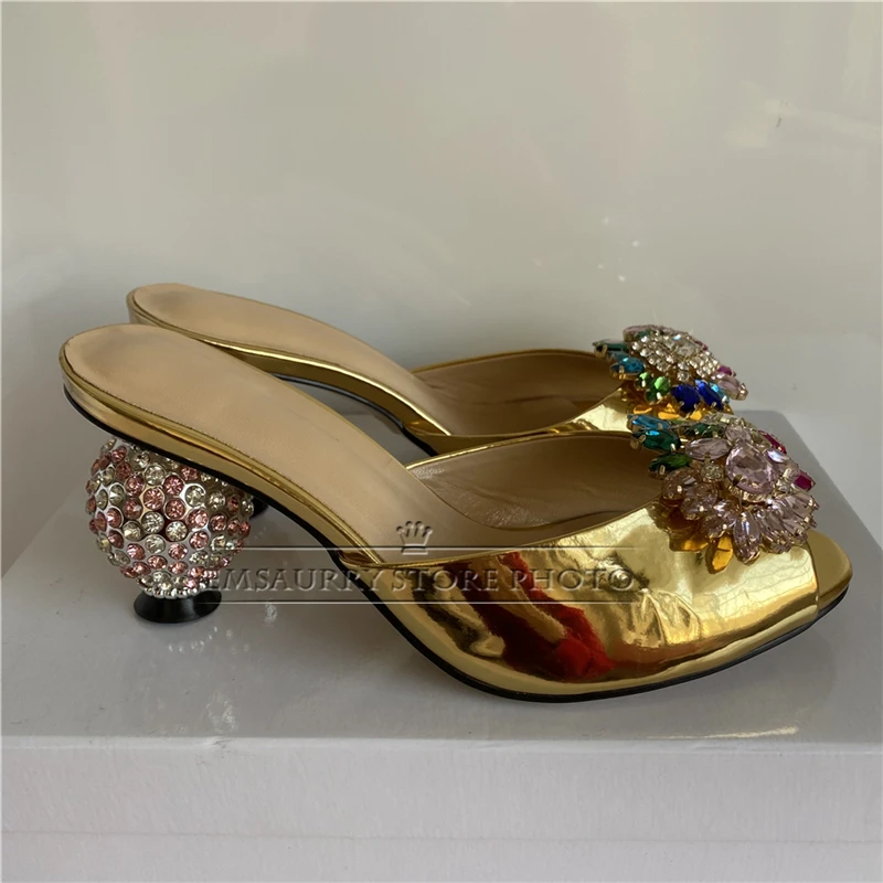 Colorful Rhinestone Buckle Modern Sandals Women Diamond Crystal Spherical Heel Luxury Patent Leather Slingbacks Summer Mules