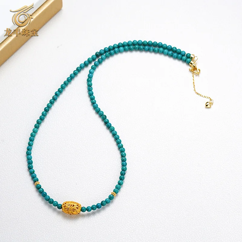 

S925 Silver Plated 18k Gold Natural Turquoise Round Bead Necklace Women's Clavicle Chain