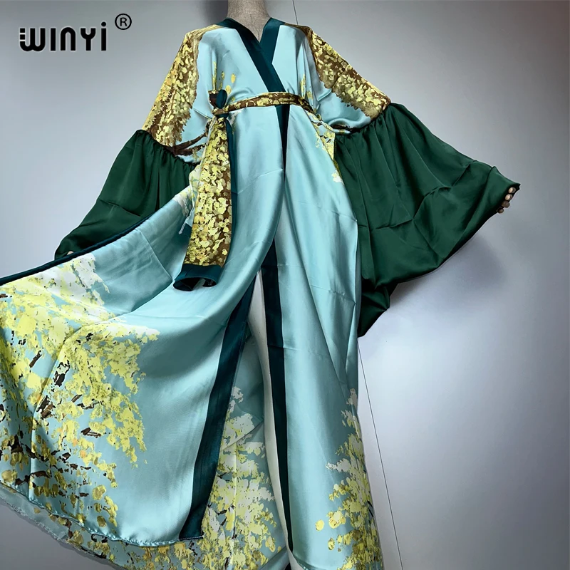 WINYI print Hanfu Kimono Evening dress Beach Wear Cover up Africa women loose puff(ed) sleeves Cardigan boho Holiday kaftan