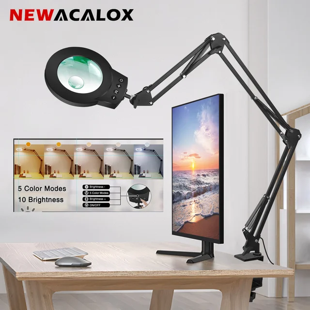 Długie wahacze 5X/10X Lampa powiększająca z 5 kolorowymi diodami LED Lampka stołowa do czytania do napraw spawalniczych Prace zamknięte