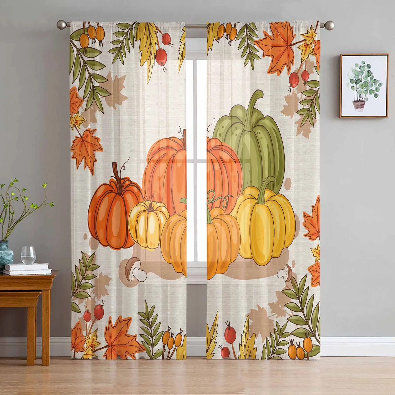 Maple Leaf Pumpkin Mushroom Tulle Curtains for Living Room Bedroom Sheer Voile Curtain Home Decor Kitchen Curtain