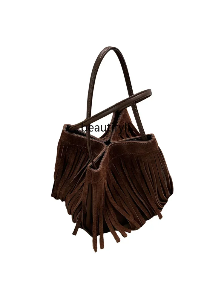 

Suede Tassel Bucket Bag Women's Retro Commuter Portable Shoulder Crossbody Vegetable Basket Dice Bag