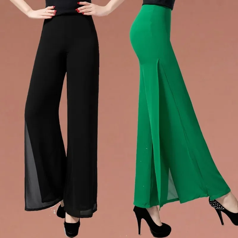 

2023 Women Ladies Summer Loose High Waist Long Trousers Chiffon Side Split Casual Palazzo Pants Spring Wide Leg Pants 6XL 841