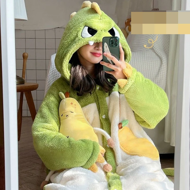 Dames Nachthemd Met Capuchon Herfst En Winter Warme Dikke Pyjama Zoete Dinosaurus Cosplay Flanellen Nachthemden Schattige Grappige Badjassen