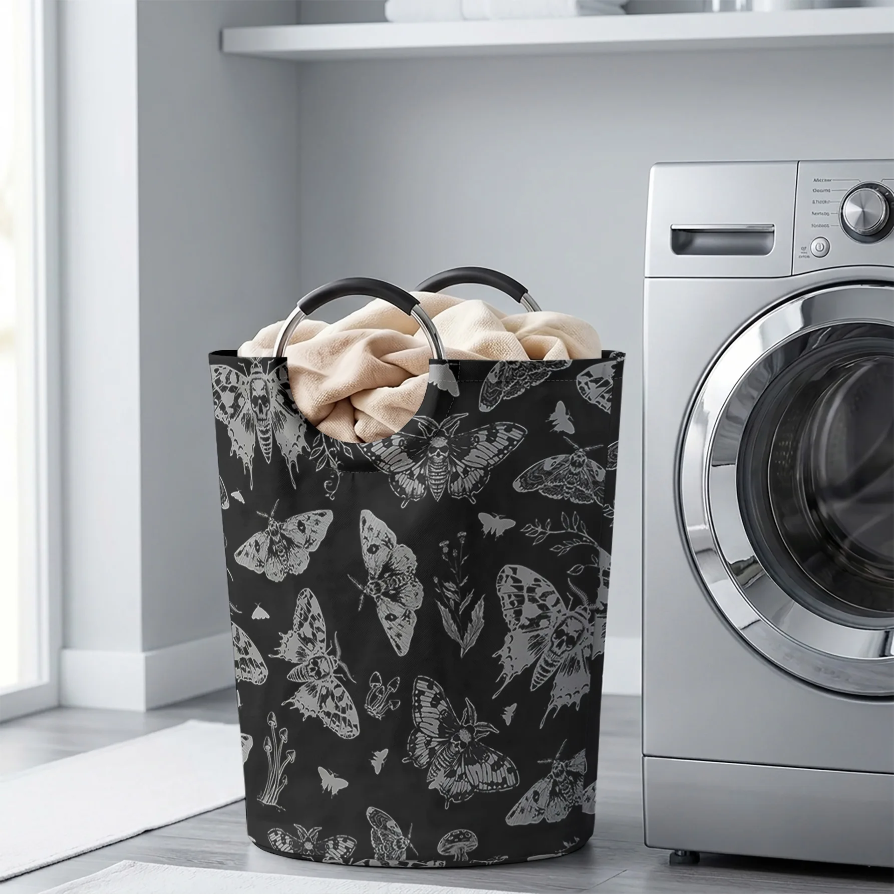 Black Background Moth & Mushroom Print Handheld Storage Basket, Large Capacity, for Dirty Clothes, Bedroom Sundries, Toys