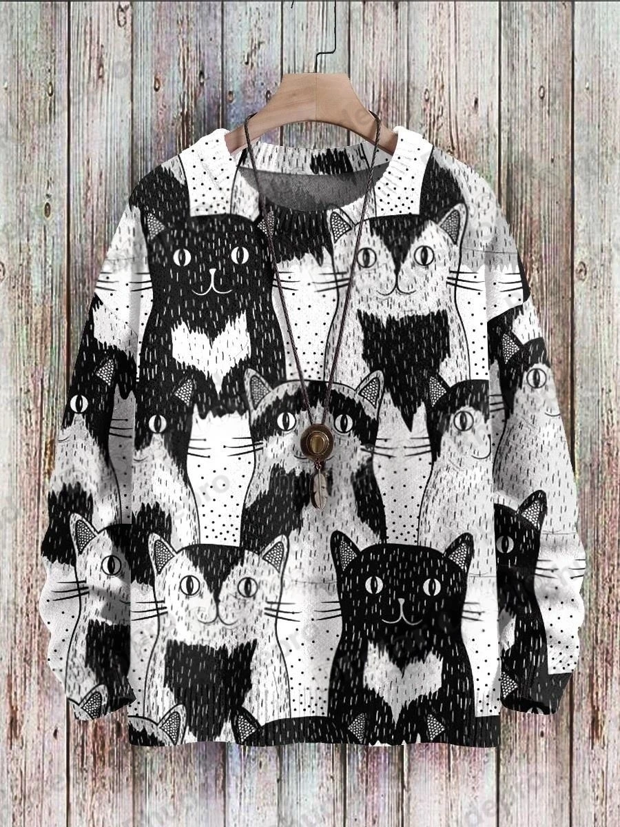 PLstar Cosmos Funny Cat Art Pattern 3D Printed Men's Knitted Pullover Winter Unisex Casual Warm Knit Pullover Sweater