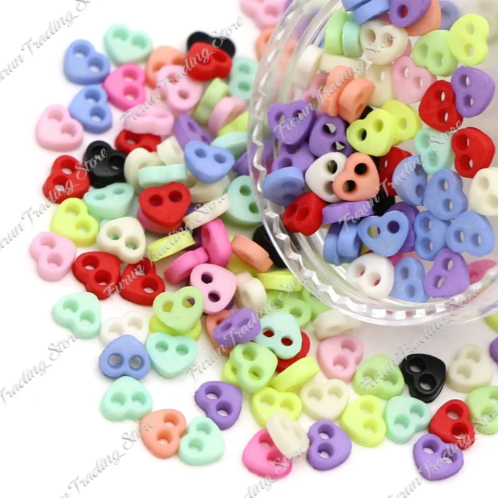 4mm 100Pcs Miniature Heart Love Buttons for Dolls 2-Holes Plastic Button DIY Dolls Clothing Bags Sewing Needlework 12Colors